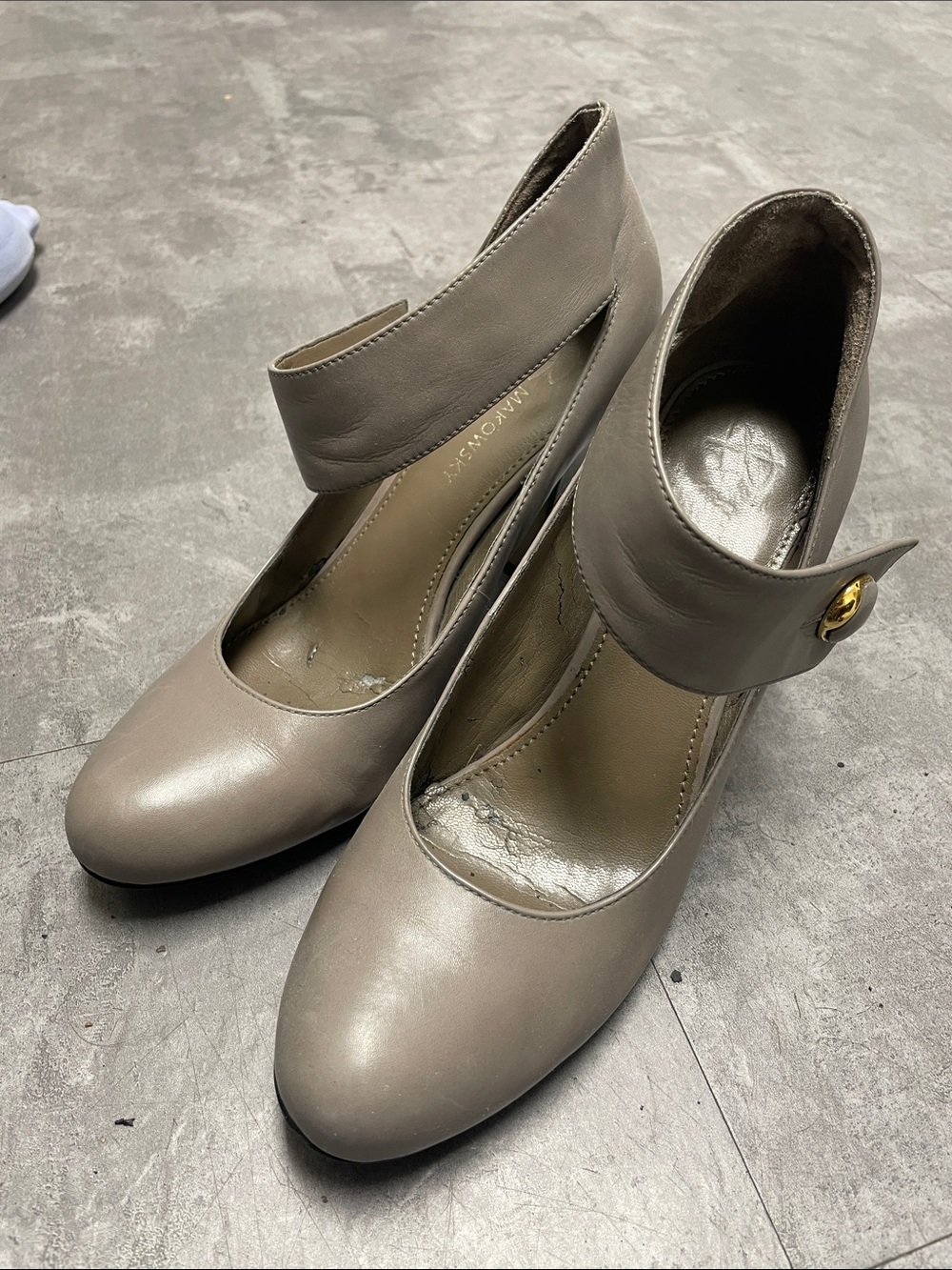 Neutral Taupe Ankle-Strap Mary Jane Pumps by B. Makowsky